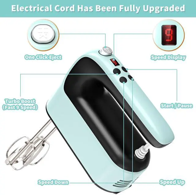 Alt view image 9 of 14 - 9-Speed Digital Hand Mixer Electric, 400W Powerful DC Motor, Hand Mixer Electric Handheld with Snap-On Storage Case, 5 Stainless Steel Accessories, Beaters, Dough Hooks, Whisk(Ice Blue/Black)