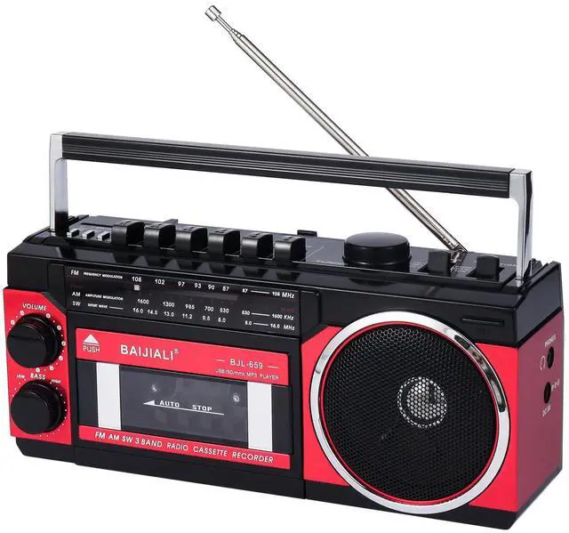 Alt view image 8 of 16 - Portable Cassette Player with AM/FM/SW Radio & BT, Boombox for Home and Travel, Record from Radio, Play via SD/USB, Headphone Jack, AC/Battery Power