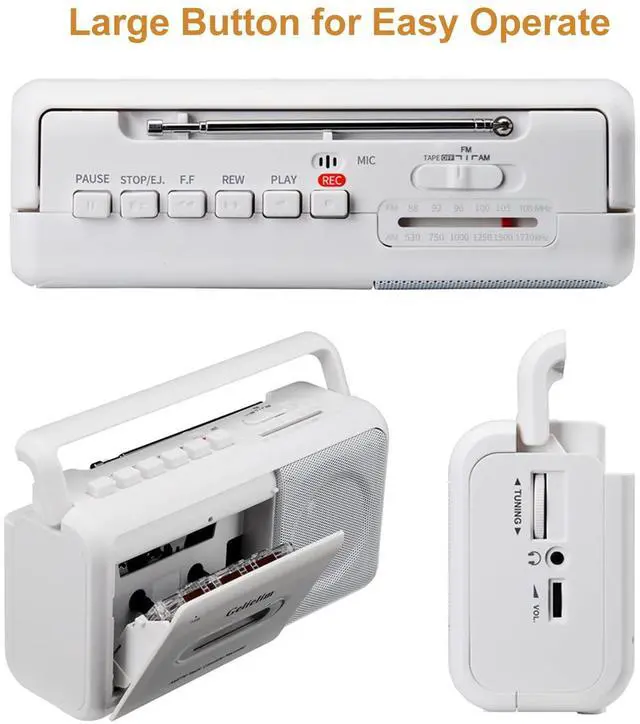 Alt view image 13 of 14 - Portable Cassette Player with AM/FM Radio, Casette Tape Player Recorder with Headphone Jack, Cassette Boombox for Home and Travel, Elderly Gift, Audio to Cassette Converter AC/Battery Power