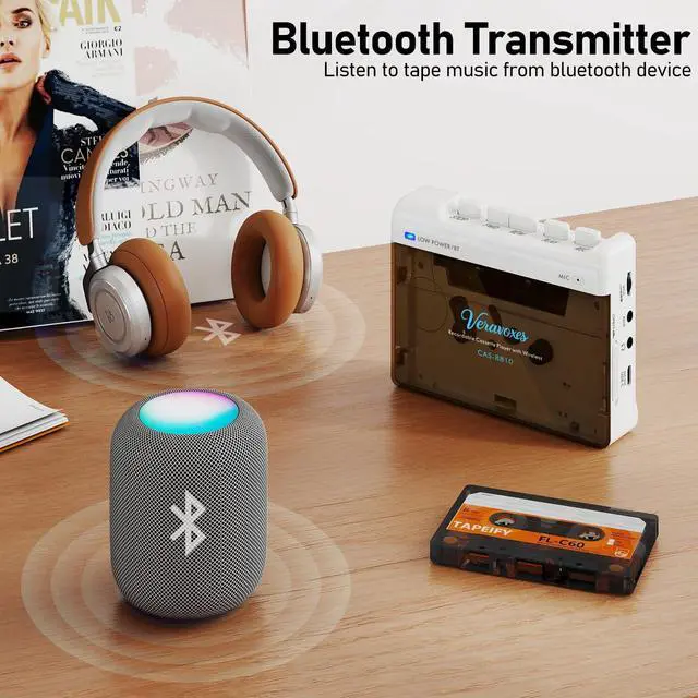 Alt view image 9 of 14 - Portable Bluetooth Cassette Tape Player, Cassette Player Recorder,Equipped with Headphone and AUX Ports, Support AUX Line in Record,Built-in Microphone, Powered by DC or AA Battery (White)