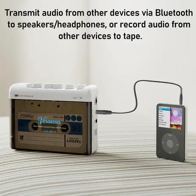 Alt view image 10 of 14 - Portable Bluetooth Cassette Tape Player, Cassette Player Recorder,Equipped with Headphone and AUX Ports, Support AUX Line in Record,Built-in Microphone, Powered by DC or AA Battery (White)