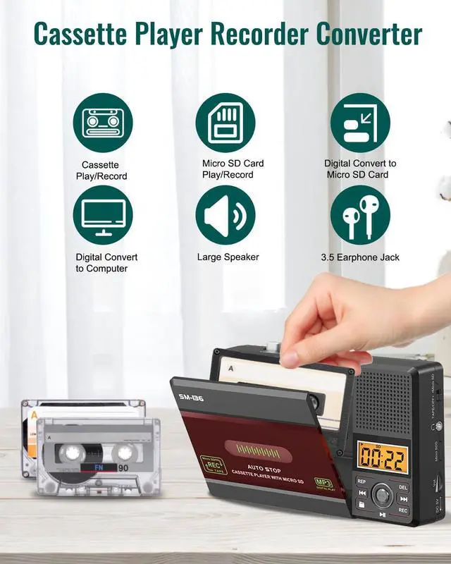 Alt view image 9 of 14 - Small Cassette Tape Player, USB C or SD Card Audio Cassette to MP3 Digital Converter, Record to Cassette/Computer/SD Card via Mic, Loud Speaker, Headphone Jack, 16GB SD Card for Type I Tapes