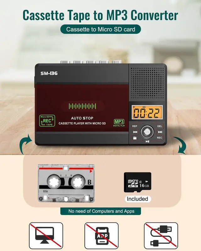 Alt view image 10 of 14 - Small Cassette Tape Player, USB C or SD Card Audio Cassette to MP3 Digital Converter, Record to Cassette/Computer/SD Card via Mic, Loud Speaker, Headphone Jack, 16GB SD Card for Type I Tapes