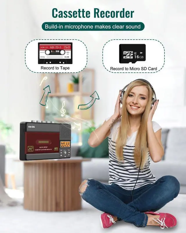 Alt view image 12 of 14 - Small Cassette Tape Player, USB C or SD Card Audio Cassette to MP3 Digital Converter, Record to Cassette/Computer/SD Card via Mic, Loud Speaker, Headphone Jack, 16GB SD Card for Type I Tapes