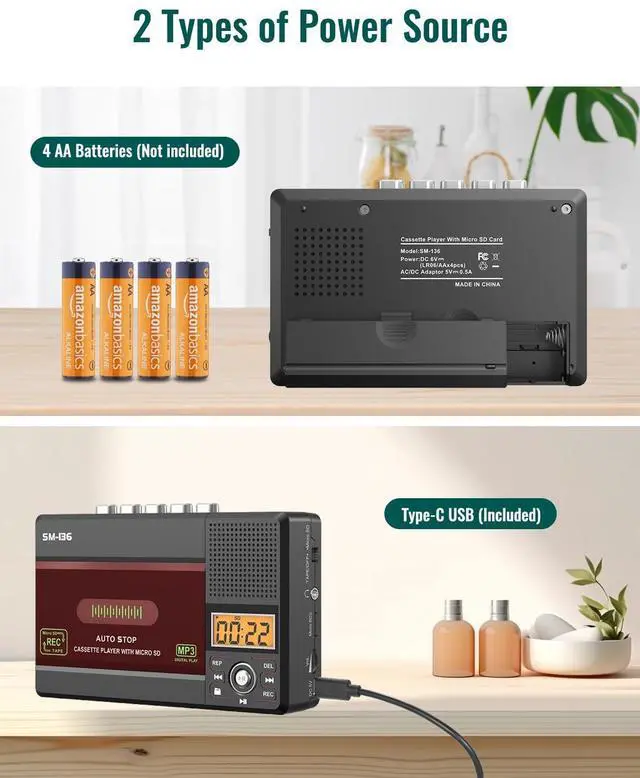 Alt view image 13 of 14 - Small Cassette Tape Player, USB C or SD Card Audio Cassette to MP3 Digital Converter, Record to Cassette/Computer/SD Card via Mic, Loud Speaker, Headphone Jack, 16GB SD Card for Type I Tapes