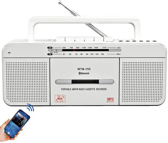 Alt view image 8 of 14 - Cassette Player Boombox, Portable AM/FM Radio Stereo with Bluetooth, USB, Dual Big Speaker, Earphone Jack, Record to Cassettes/USB via Mic,Cassette to MP3 Converter,AC/DC Powered