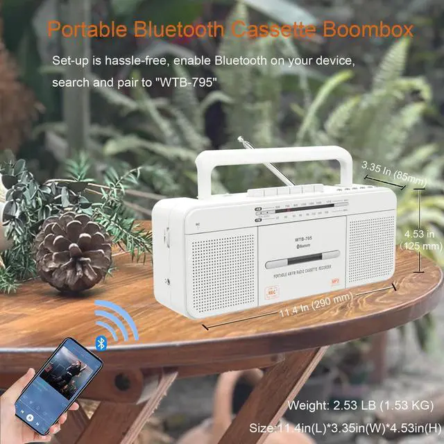 Alt view image 9 of 14 - Cassette Player Boombox, Portable AM/FM Radio Stereo with Bluetooth, USB, Dual Big Speaker, Earphone Jack, Record to Cassettes/USB via Mic,Cassette to MP3 Converter,AC/DC Powered