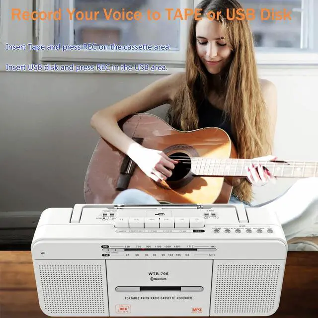 Alt view image 11 of 14 - Cassette Player Boombox, Portable AM/FM Radio Stereo with Bluetooth, USB, Dual Big Speaker, Earphone Jack, Record to Cassettes/USB via Mic,Cassette to MP3 Converter,AC/DC Powered
