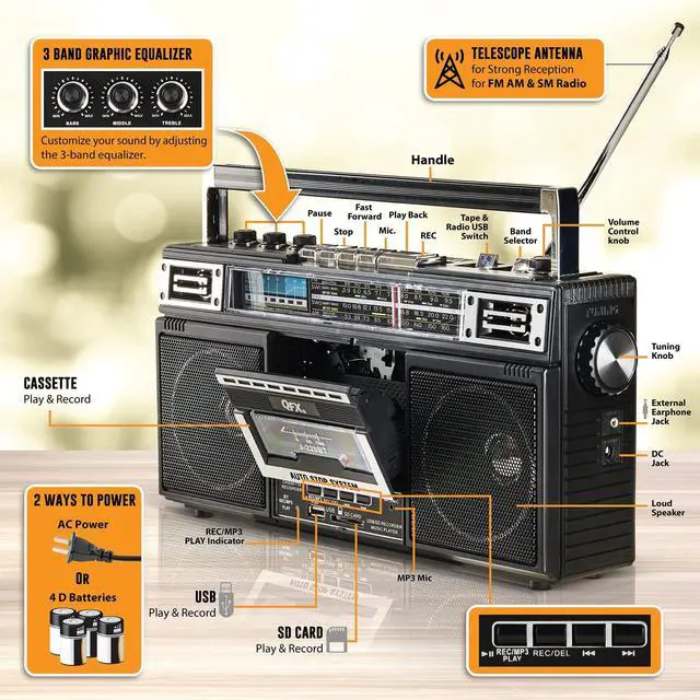 Alt view image 10 of 14 - J-220BT Boombox MP3 Conversion from Radio to Cassette with 4-Band (AM, FM, SW1, SW2) Radio with Bluetooth, Rechargeable Battery, Dual 3 Speakers, Built-in Microphone, Recorder, 3-Band Equalizer
