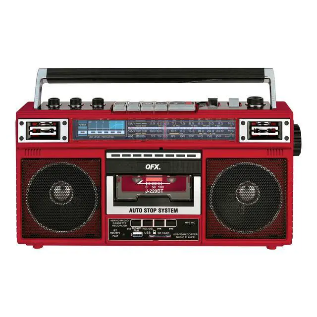 Alt view image 8 of 14 - J-220BT Red Boombox MP3 Conversion from Radio to Cassette with 4-Band (AM, FM, SW1, SW2) Radio with Bluetooth, Dual 3 Speakers, Built-in Microphone, Recorder, and a 3-Band Equalizer