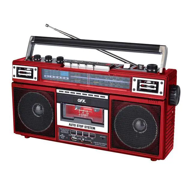 Alt view image 9 of 14 - J-220BT Red Boombox MP3 Conversion from Radio to Cassette with 4-Band (AM, FM, SW1, SW2) Radio with Bluetooth, Dual 3 Speakers, Built-in Microphone, Recorder, and a 3-Band Equalizer