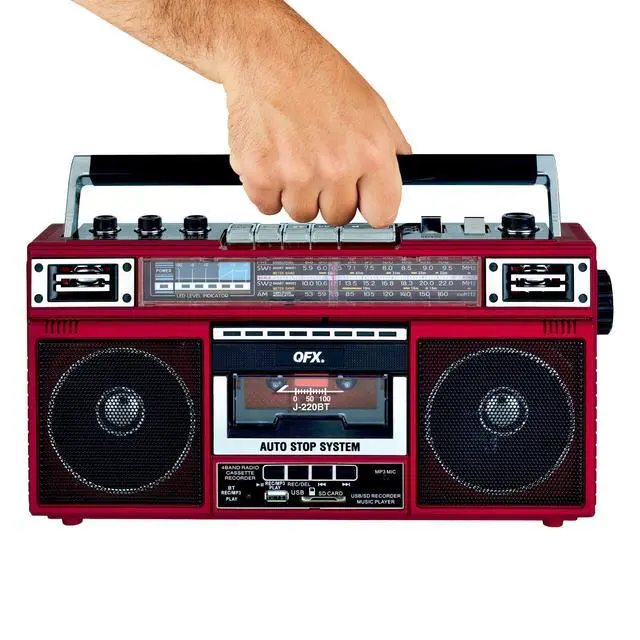 Alt view image 10 of 14 - J-220BT Red Boombox MP3 Conversion from Radio to Cassette with 4-Band (AM, FM, SW1, SW2) Radio with Bluetooth, Dual 3 Speakers, Built-in Microphone, Recorder, and a 3-Band Equalizer