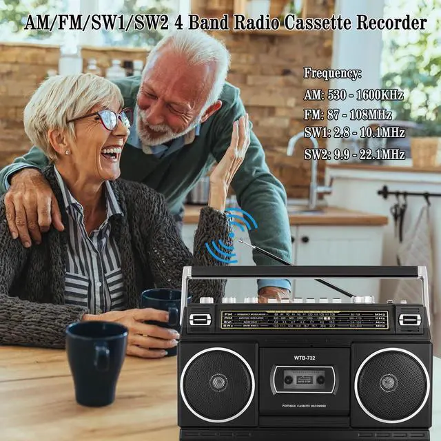 Alt view image 10 of 14 - Retro Classic 80s Style Portable Boombox with Cassette Player Recorder, AM/FM/SW1/SW2 Radio, Bluetooth, USB/Micro SD Slots, Headphone Jack, 24W Dual Full-Range High Bass Speakers