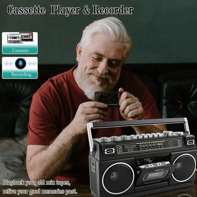 Alt view image 12 of 14 - Retro Classic 80s Style Portable Boombox with Cassette Player Recorder, AM/FM/SW1/SW2 Radio, Bluetooth, USB/Micro SD Slots, Headphone Jack, 24W Dual Full-Range High Bass Speakers