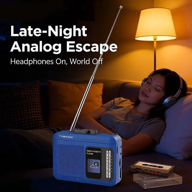 Alt view image 9 of 13 - Portable Cassette Tape Player Recorder with AM/FM Radio, Built-in Speaker & Microphone, 3.5mm Headphone Jack, Walkman Style, USB/Battery Powered, Retro Blue