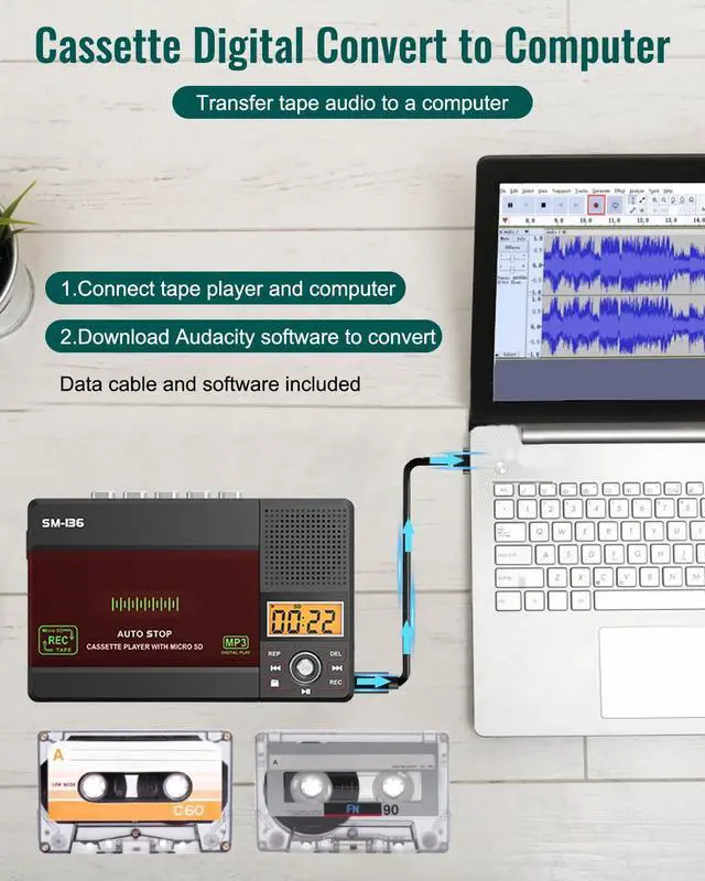 Alt view image 11 of 14 - Small Cassette Tape Player, USB C or SD Card Audio Cassette to MP3 Digital Converter, Record to Cassette/Computer/SD Card via Mic, Loud Speaker, Headphone Jack, 16GB SD Card for Type I Tapes