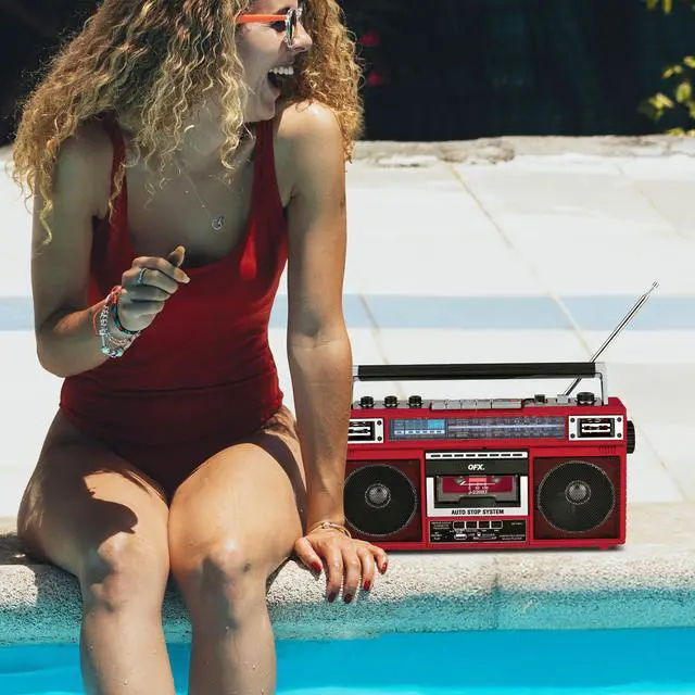 Alt view image 11 of 14 - J-220BT Red Boombox MP3 Conversion from Radio to Cassette with 4-Band (AM, FM, SW1, SW2) Radio with Bluetooth, Dual 3 Speakers, Built-in Microphone, Recorder, and a 3-Band Equalizer