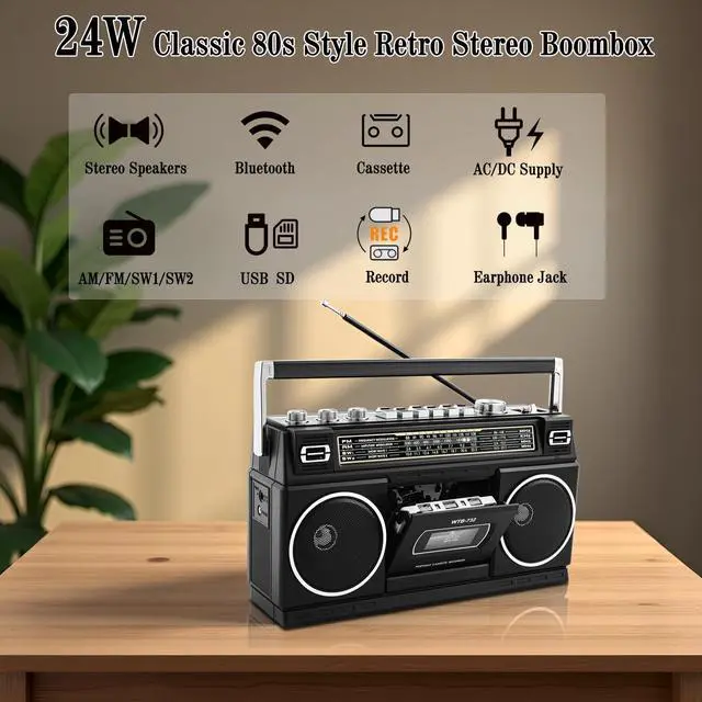 Alt view image 9 of 14 - Retro Classic 80s Style Portable Boombox with Cassette Player Recorder, AM/FM/SW1/SW2 Radio, Bluetooth, USB/Micro SD Slots, Headphone Jack, 24W Dual Full-Range High Bass Speakers