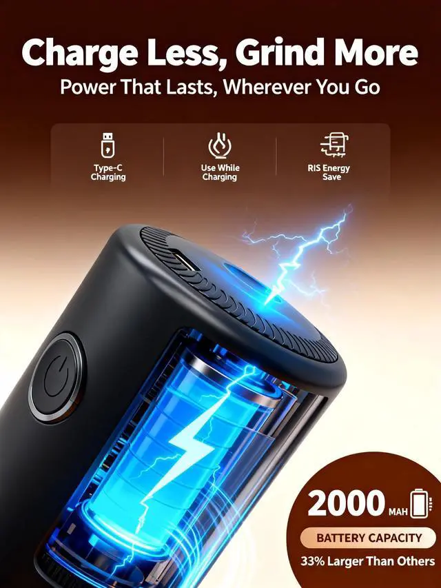 Alt view image 12 of 12 - Portable Electric Burr Coffee Grinder - Grind While Charging - Visual Bean Hopper - 38 External Grind Settings - 1.8X Faster Grinding - 2000 mAh Battery for Travel, Camping - Matte Black