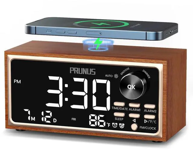 Alt view image 8 of 14 - J-177 Retro Vintage Alarm Clock Radio with Fast Wireless Charging, Dual Alarms, Snooze, Large LED Display,Dimmer Control,Auto-Dimming,Retro Clock for Bedroom