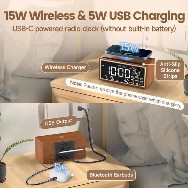 Alt view image 11 of 14 - J-177 Retro Vintage Alarm Clock Radio with Fast Wireless Charging, Dual Alarms, Snooze, Large LED Display,Dimmer Control,Auto-Dimming,Retro Clock for Bedroom