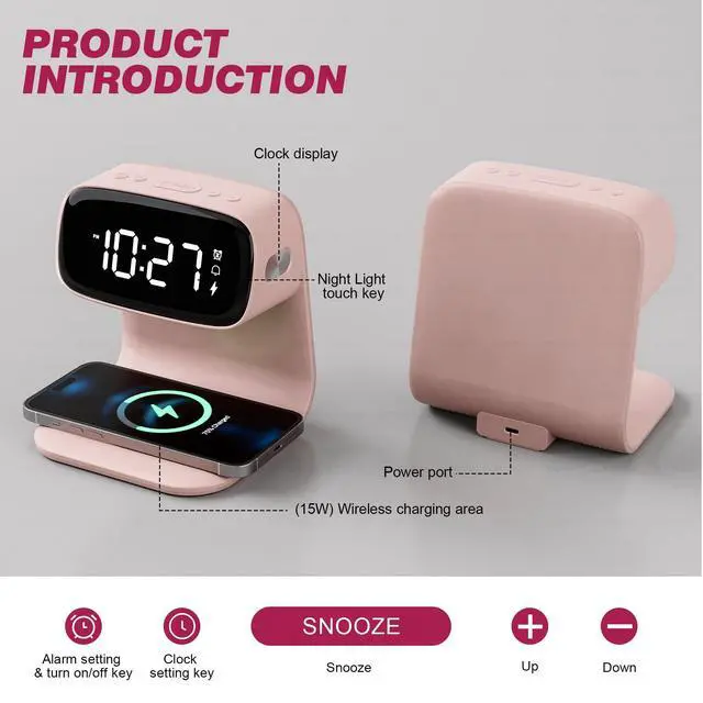Alt view image 12 of 14 - Digital Alarm Clock with Wireless Fast Charging Station 15W Touch Smart Lamp for Bedside,3 Colors Nightlight Adjustment Night Lamp for Living Room,Bedside,Heavy Sleepers