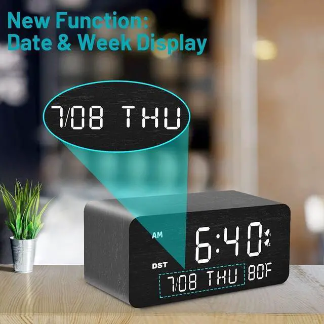Alt view image 9 of 9 - Wooden Digital Alarm Clock with Wireless Charging, 0-100% Adjustable Brightness Dimmer and Alarm Volume, Weekday/Weekend Mode, Dual Alarm, Snooze, 12/24H, Wood LED Clock for Bedroom (Black)