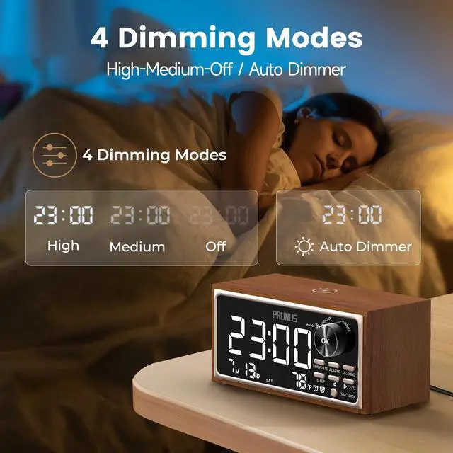 Alt view image 12 of 14 - J-177 Retro Vintage Alarm Clock Radio with Fast Wireless Charging, Dual Alarms, Snooze, Large LED Display,Dimmer Control,Auto-Dimming,Retro Clock for Bedroom