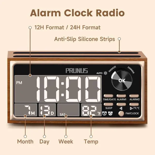 Alt view image 9 of 14 - J-177 Retro Vintage Alarm Clock Radio with Fast Wireless Charging, Dual Alarms, Snooze, Large LED Display,Dimmer Control,Auto-Dimming,Retro Clock for Bedroom