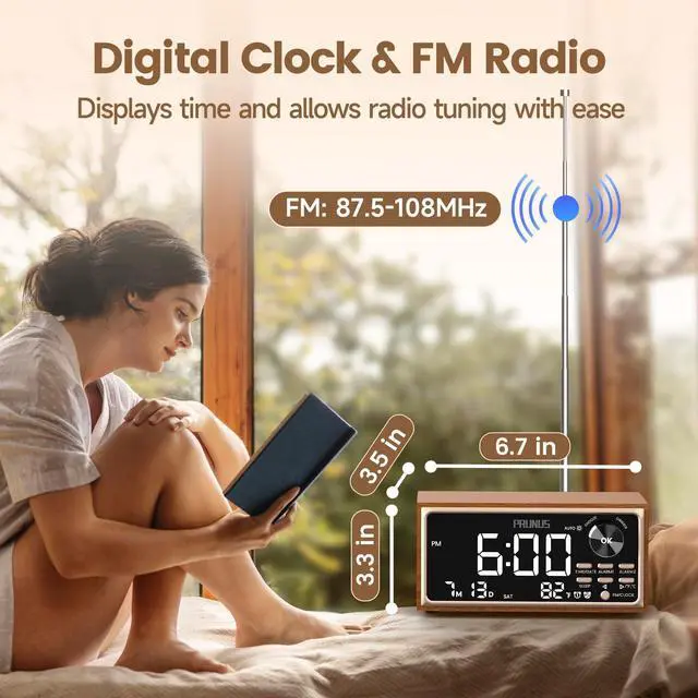 Alt view image 14 of 14 - J-177 Retro Vintage Alarm Clock Radio with Fast Wireless Charging, Dual Alarms, Snooze, Large LED Display,Dimmer Control,Auto-Dimming,Retro Clock for Bedroom