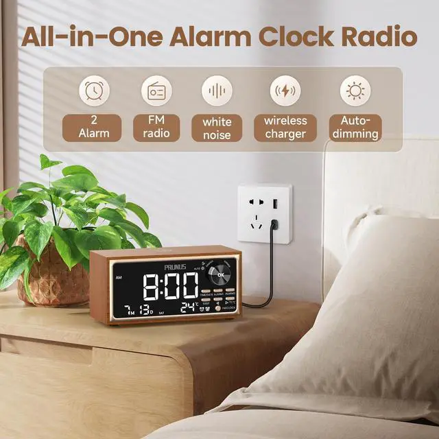 Alt view image 13 of 14 - J-177 Retro Vintage Alarm Clock Radio with Fast Wireless Charging, Dual Alarms, Snooze, Large LED Display,Dimmer Control,Auto-Dimming,Retro Clock for Bedroom