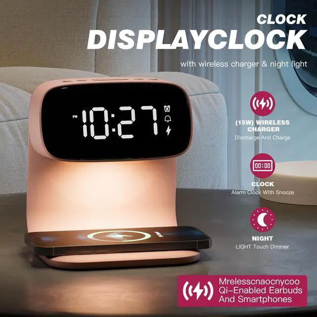Alt view image 9 of 14 - Digital Alarm Clock with Wireless Fast Charging Station 15W Touch Smart Lamp for Bedside,3 Colors Nightlight Adjustment Night Lamp for Living Room,Bedside,Heavy Sleepers