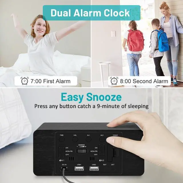 Alt view image 8 of 9 - Wooden Digital Alarm Clock with Wireless Charging, 0-100% Adjustable Brightness Dimmer and Alarm Volume, Weekday/Weekend Mode, Dual Alarm, Snooze, 12/24H, Wood LED Clock for Bedroom (Black)