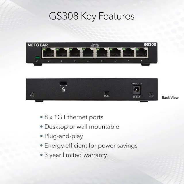 Alt view image 11 of 12 - 8-Port Gigabit Ethernet Unmanaged Essentials Switch (GS308) - Home Network Hub, Office Ethernet Splitter, Plug-and-Play, Silent Operation, Desktop or Wall Mount