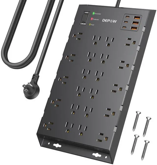 Alt view image 8 of 14 - Surge Protector Power Strip, 6.5FT Long Flat Plug Extension Cord with 22 AC Outlets (1875W/15A), 6USBs (3 USB-C Ports), 2100J Surge Protection, Wall Mountable for Gaming, Office, Home, Black