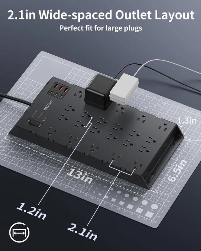 Alt view image 11 of 14 - Surge Protector Power Strip, 6.5FT Long Flat Plug Extension Cord with 22 AC Outlets (1875W/15A), 6USBs (3 USB-C Ports), 2100J Surge Protection, Wall Mountable for Gaming, Office, Home, Black