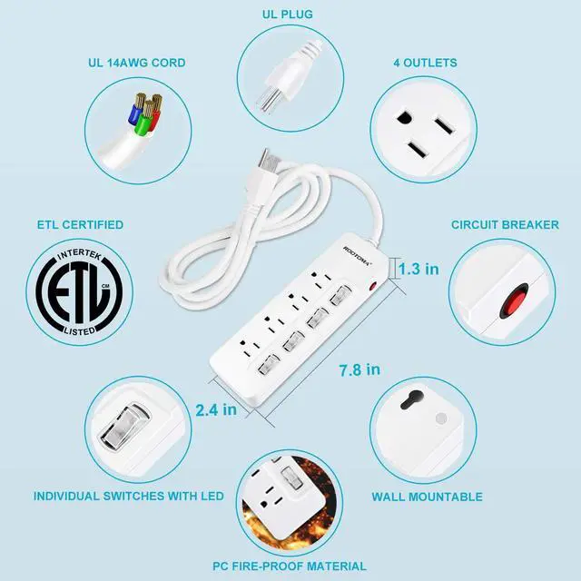 Alt view image 12 of 14 - Appliance Extension Cord with Individual Switches on Off - 6 FT, 14 Gauge Heavy Duty Extension Cord with 4 AC Outlets, Wall Mountable, High Wattage for Microwave Workbench Garage Must Have, ETL Listed