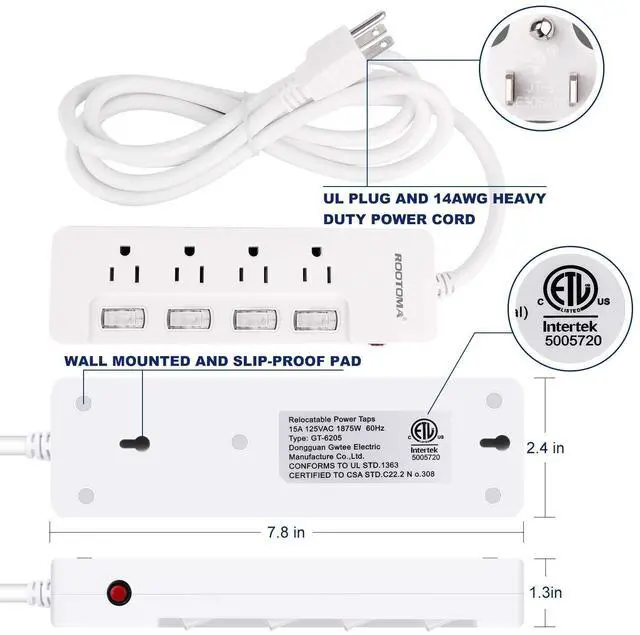 Alt view image 14 of 14 - Appliance Extension Cord with Individual Switches on Off - 6 FT, 14 Gauge Heavy Duty Extension Cord with 4 AC Outlets, Wall Mountable, High Wattage for Microwave Workbench Garage Must Have, ETL Listed