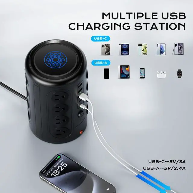 Alt view image 9 of 12 - Surge Protector Power Strip 10 FT Cord, Vertical Power Tower with 16 Outlets and 5 USB Ports (2 USB-C), 1875W 2000J Charging Station for Home Office Desk, Dorm Room Essentials, Black