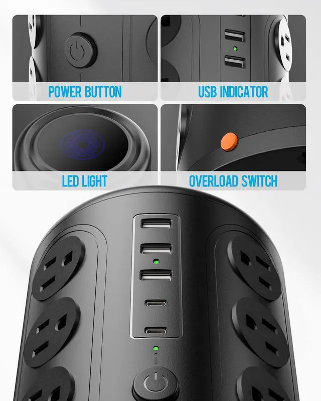 Alt view image 12 of 12 - Surge Protector Power Strip 10 FT Cord, Vertical Power Tower with 16 Outlets and 5 USB Ports (2 USB-C), 1875W 2000J Charging Station for Home Office Desk, Dorm Room Essentials, Black