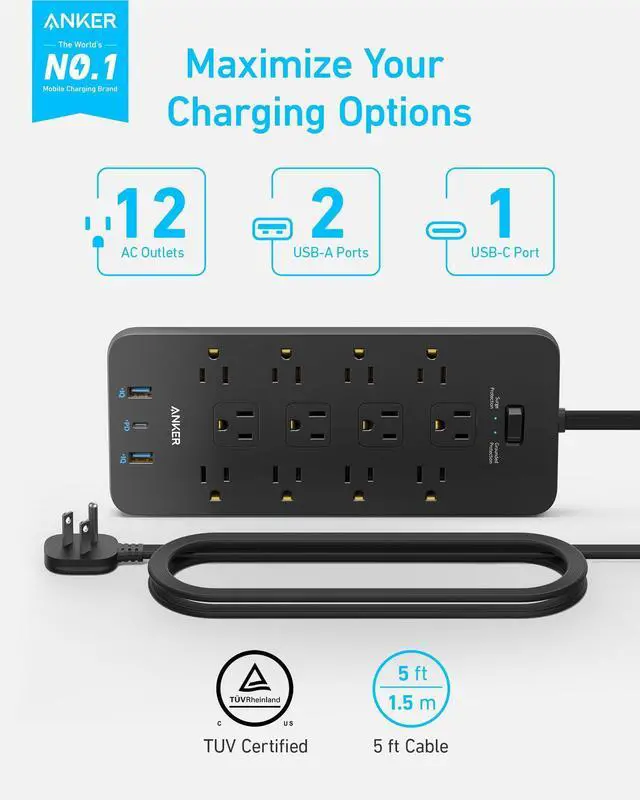 Alt view image 8 of 12 - Surge Protector Flat Plug Power Strip(2100J), 12 AC Outlets, 5feet Flat Extension Cord, 1USB C and 2 USB Ports for Multiple Devices, 20W Fast Charging for Home, Office, Dorm Essential, TUV