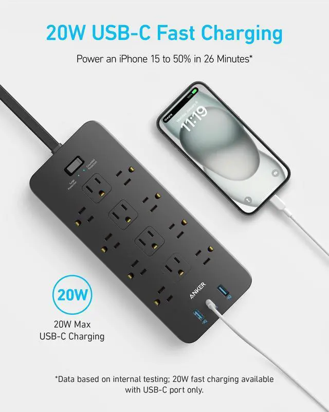 Alt view image 10 of 12 - Surge Protector Flat Plug Power Strip(2100J), 12 AC Outlets, 5feet Flat Extension Cord, 1USB C and 2 USB Ports for Multiple Devices, 20W Fast Charging for Home, Office, Dorm Essential, TUV