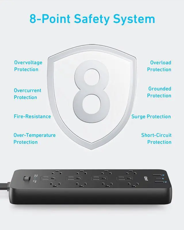 Alt view image 11 of 12 - Surge Protector Flat Plug Power Strip(2100J), 12 AC Outlets, 5feet Flat Extension Cord, 1USB C and 2 USB Ports for Multiple Devices, 20W Fast Charging for Home, Office, Dorm Essential, TUV