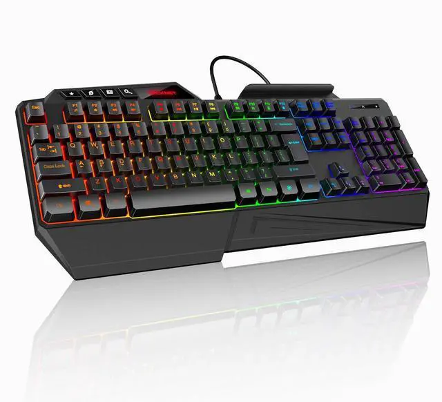 Alt view image 8 of 14 - Wired RGB Gaming Keyboard - 26-Key Anti-Ghosting, 13 Lighting Modes, Spill-Resistant, 108 Membrane Keys, Plug & Play - with Ergonomic Wrist Rest & Phone Holder for Windows/Mac (Black)