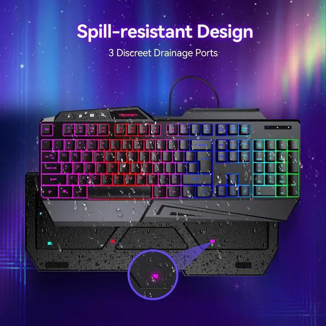 Alt view image 13 of 14 - Wired RGB Gaming Keyboard - 26-Key Anti-Ghosting, 13 Lighting Modes, Spill-Resistant, 108 Membrane Keys, Plug & Play - with Ergonomic Wrist Rest & Phone Holder for Windows/Mac (Black)