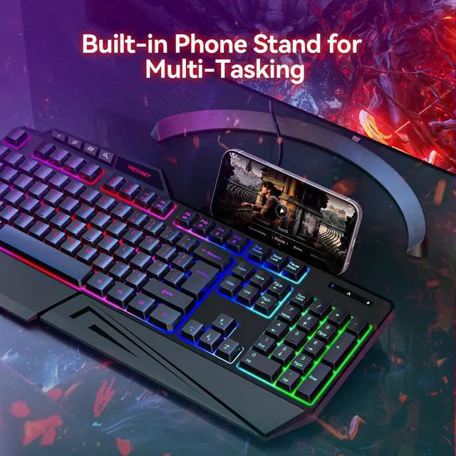 Alt view image 12 of 14 - Wired RGB Gaming Keyboard - 26-Key Anti-Ghosting, 13 Lighting Modes, Spill-Resistant, 108 Membrane Keys, Plug & Play - with Ergonomic Wrist Rest & Phone Holder for Windows/Mac (Black)
