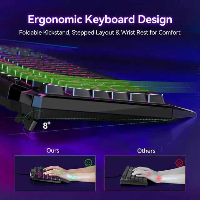 Alt view image 10 of 14 - Wired RGB Gaming Keyboard - 26-Key Anti-Ghosting, 13 Lighting Modes, Spill-Resistant, 108 Membrane Keys, Plug & Play - with Ergonomic Wrist Rest & Phone Holder for Windows/Mac (Black)