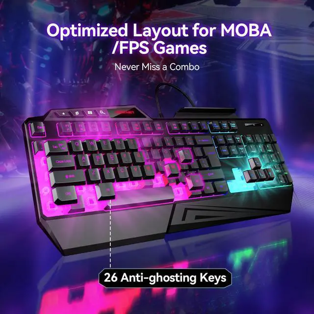 Alt view image 9 of 14 - Wired RGB Gaming Keyboard - 26-Key Anti-Ghosting, 13 Lighting Modes, Spill-Resistant, 108 Membrane Keys, Plug & Play - with Ergonomic Wrist Rest & Phone Holder for Windows/Mac (Black)