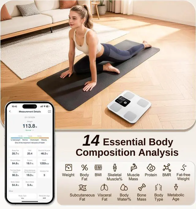 Alt view image 10 of 14 - Smart Scale for Body Weight: Body Fat, BMI, Digital Bathroom Scale - 14 Body Composition Analyzer Health Monitor, Highly Accurate Bluetooth Weighing Scale with App 400 lb, 11 Inch