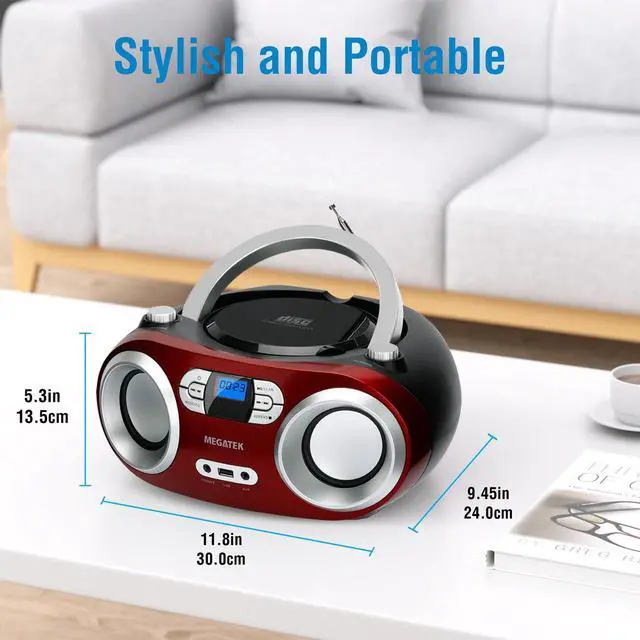 Alt view image 12 of 14 - Portable CD Player Boombox with FM Radio, Bluetooth, USB Port, AUX Input, and Headphone Jack CD-R/CD-RW/MP3-CD Compatible, Clear Stereo Sound, Backlit LCD Display Cherry Red